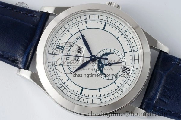 Stylish Annual Calendar Moonphase 5396 SS ZF 1:1 Best Edition White Blue Dial on Blue Leather Strap A 8822