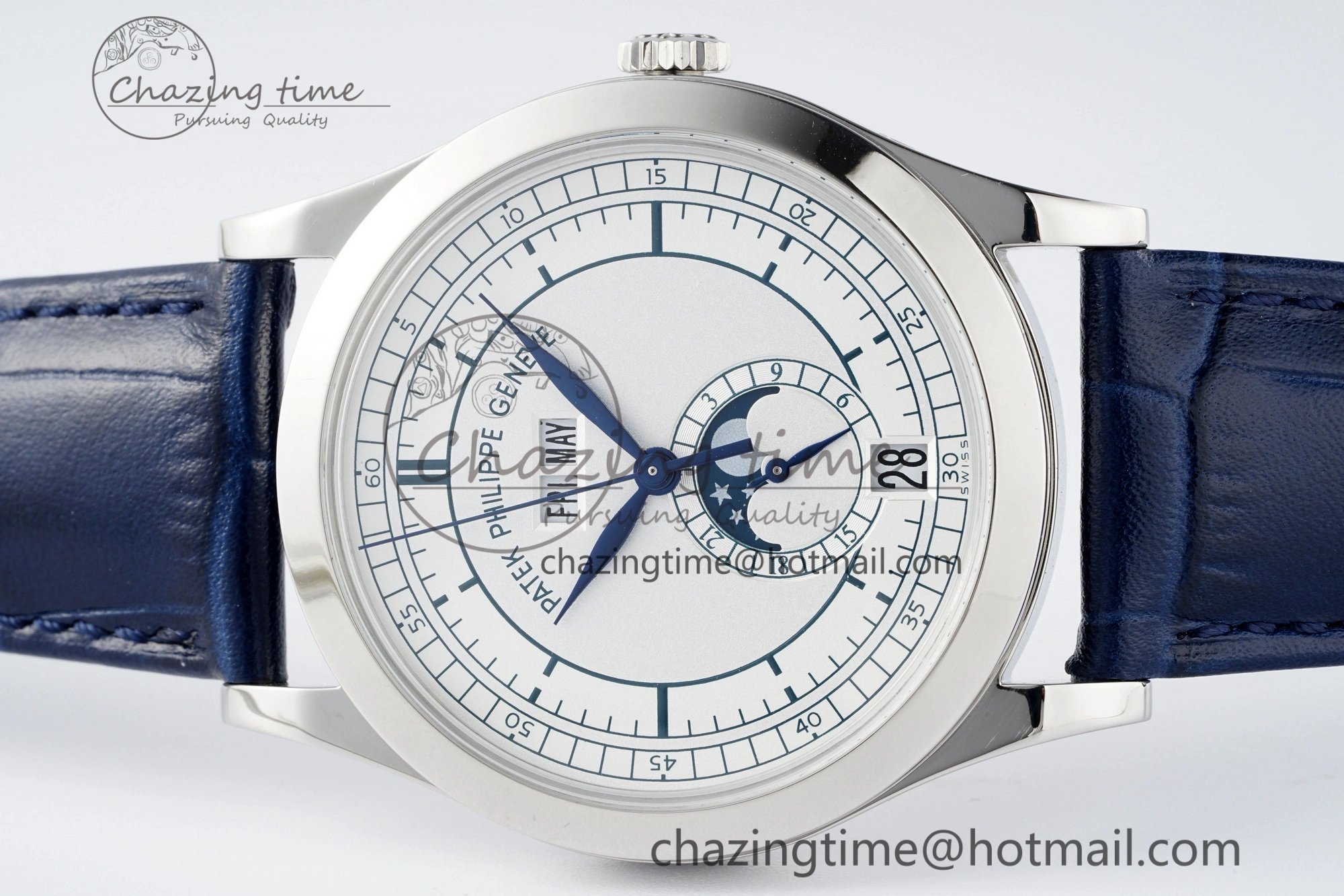 Stylish Annual Calendar Moonphase 5396 SS ZF 1:1 Best Edition White Blue Dial on Blue Leather Strap A 8822