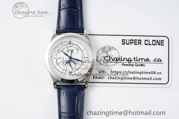 Stylish Annual Calendar Moonphase 5396 SS ZF 1:1 Best Edition White Blue Dial on Blue Leather Strap A 8822