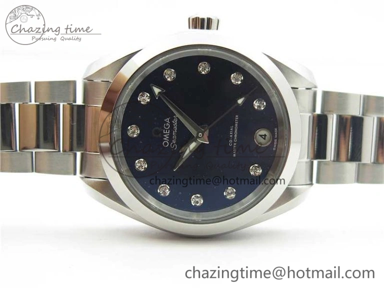 Vibrant Aqua Terra 150M 34mm Ladies SS VSF 1:1 Best Edition Blue Dial Diamonds Markers on SS Bracelet A 10562
