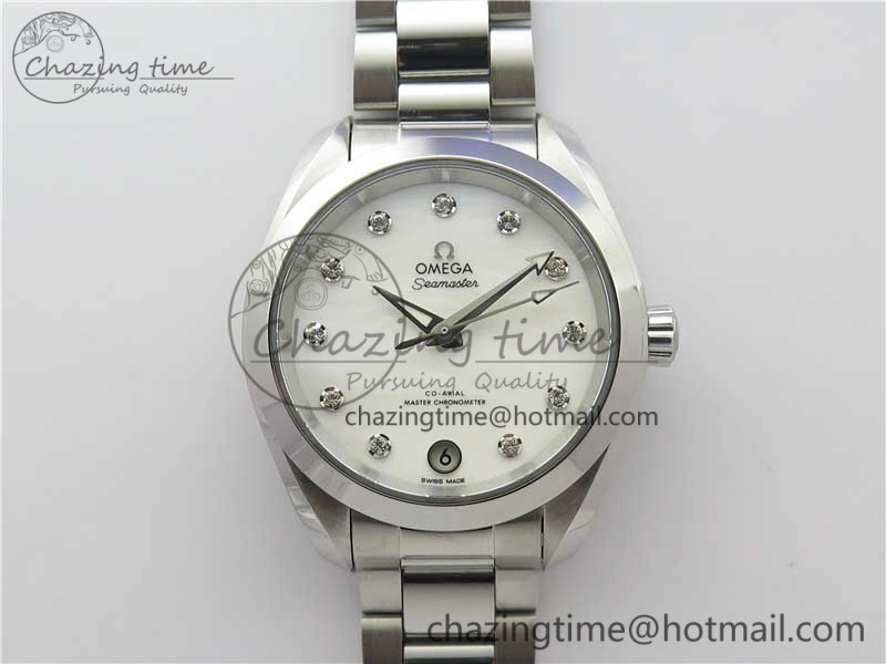 Bright Aqua Terra 150M 34mm Ladies SS VSF 1:1 Best Edition White MOP Dial Diamonds Markers on SS Bracelet A 10569
