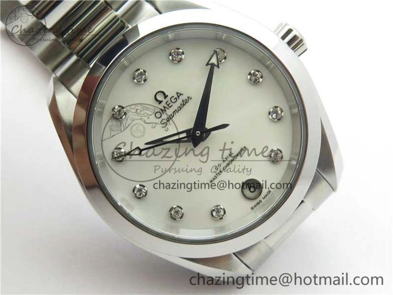Bright Aqua Terra 150M 34mm Ladies SS VSF 1:1 Best Edition White MOP Dial Diamonds Markers on SS Bracelet A 10569