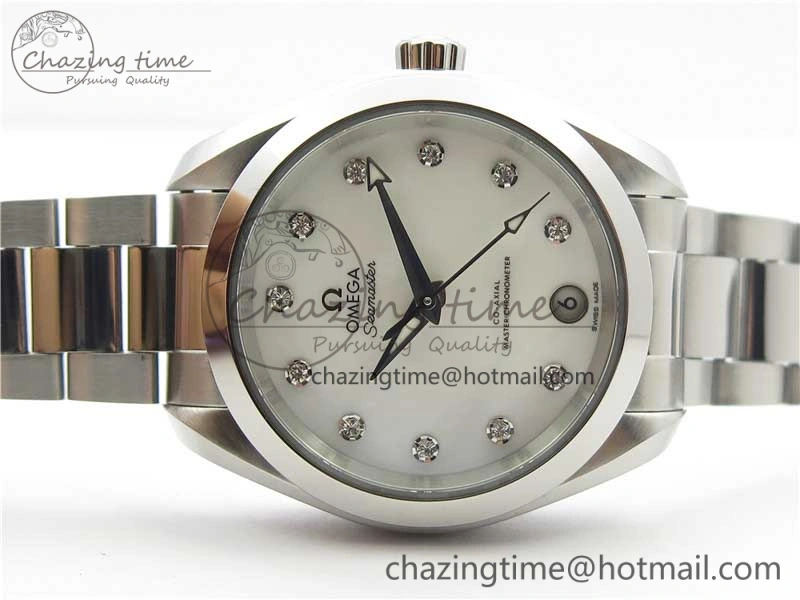 Bright Aqua Terra 150M 34mm Ladies SS VSF 1:1 Best Edition White MOP Dial Diamonds Markers on SS Bracelet A 10569