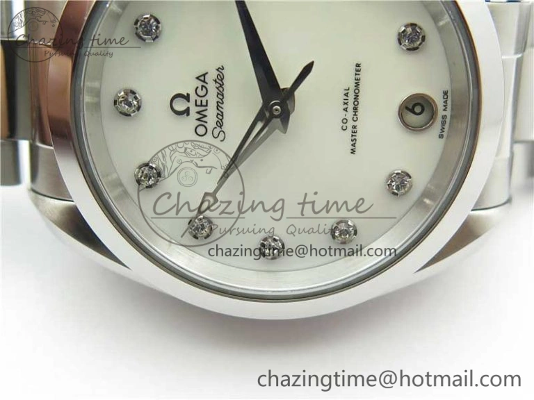 Bright Aqua Terra 150M 34mm Ladies SS VSF 1:1 Best Edition White MOP Dial Diamonds Markers on SS Bracelet A 10569
