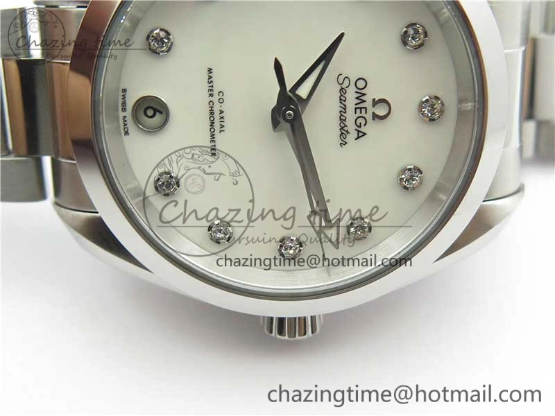 Bright Aqua Terra 150M 34mm Ladies SS VSF 1:1 Best Edition White MOP Dial Diamonds Markers on SS Bracelet A 10569