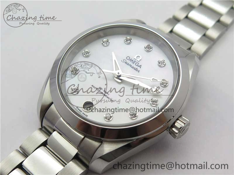 Bright Aqua Terra 150M 34mm Ladies SS VSF 1:1 Best Edition White MOP Dial Diamonds Markers on SS Bracelet A 10569