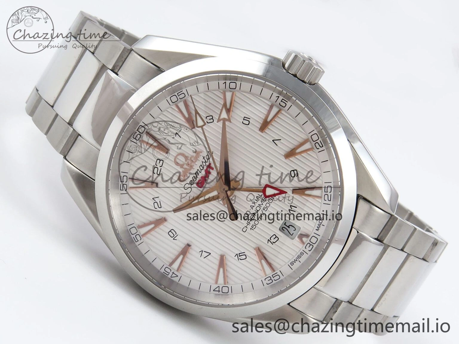 FlexibleFit Aqua Terra 150M GMT OMF 1:1 Best Edition White RG Textured Dial on SS Bracelet A 7714
