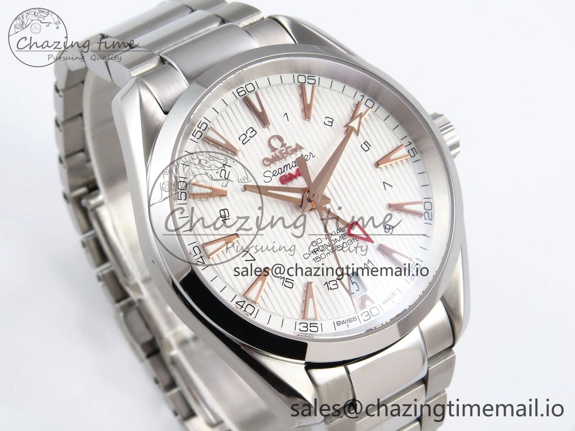 FlexibleFit Aqua Terra 150M GMT OMF 1:1 Best Edition White RG Textured Dial on SS Bracelet A 7714