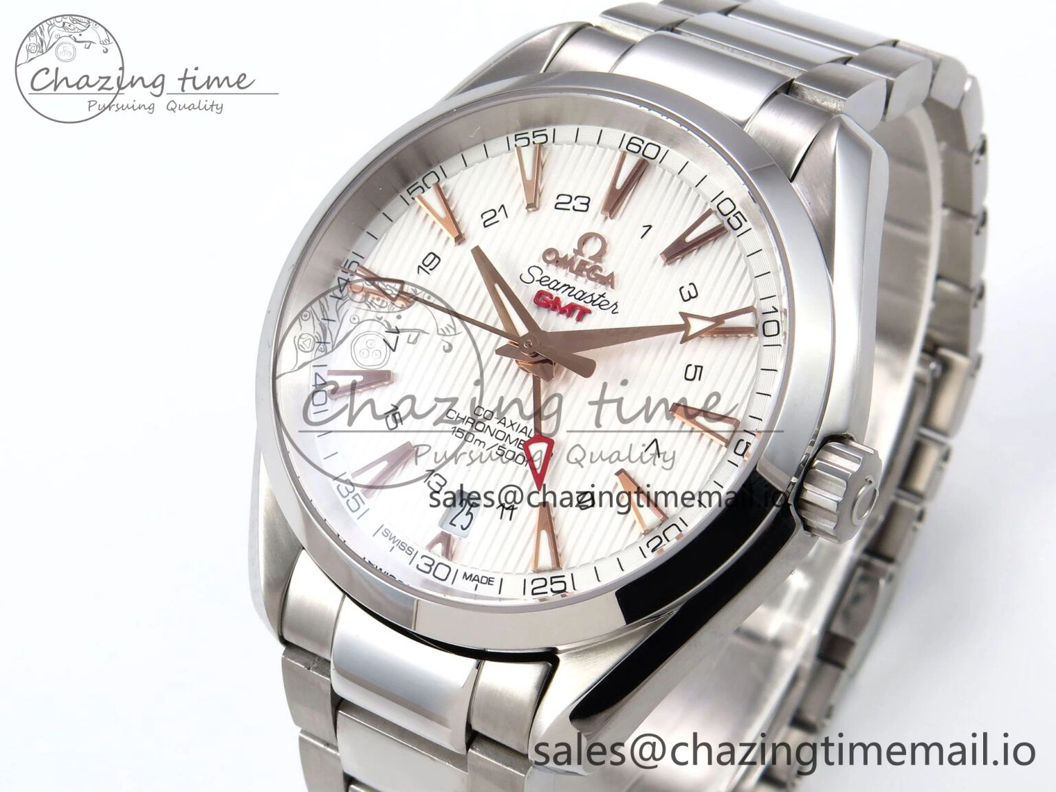 FlexibleFit Aqua Terra 150M GMT OMF 1:1 Best Edition White RG Textured Dial on SS Bracelet A 7714