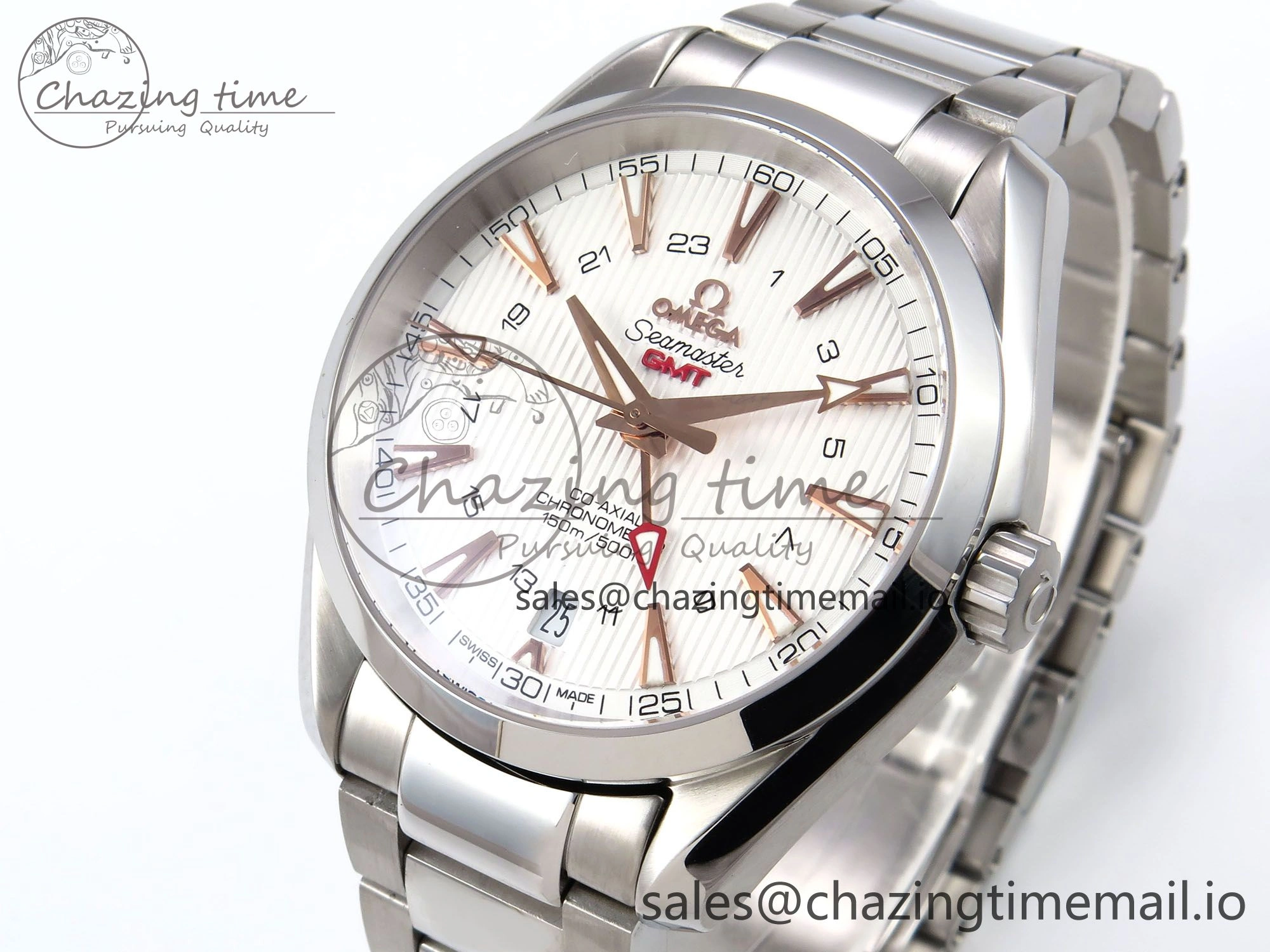 FlexibleFit Aqua Terra 150M GMT OMF 1:1 Best Edition White RG Textured Dial on SS Bracelet A 7714