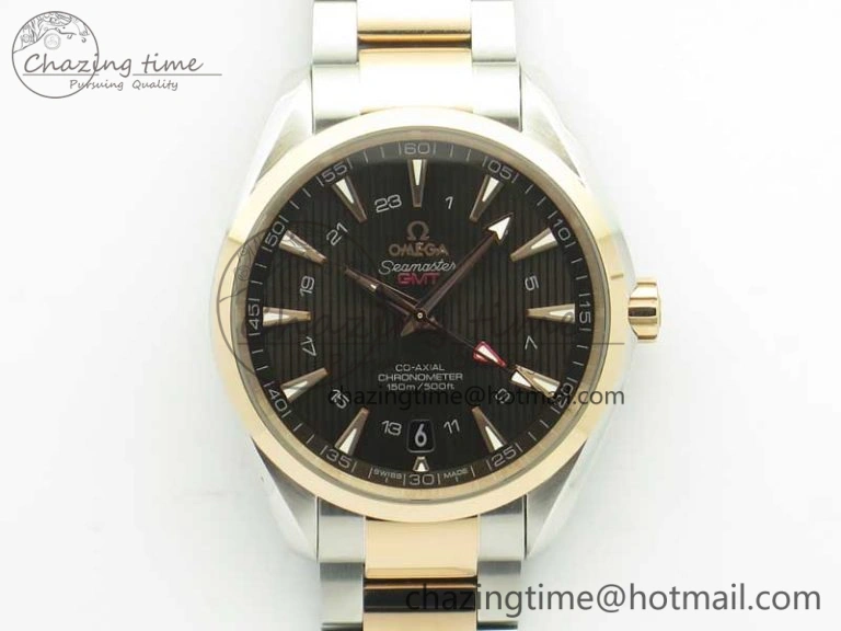 Affordable Aqua Terra 150M GMT SS RG VSF 1:1 Best Edition Brown Textured Dial on SS RG Bracelet A8605 Super Clone 8058