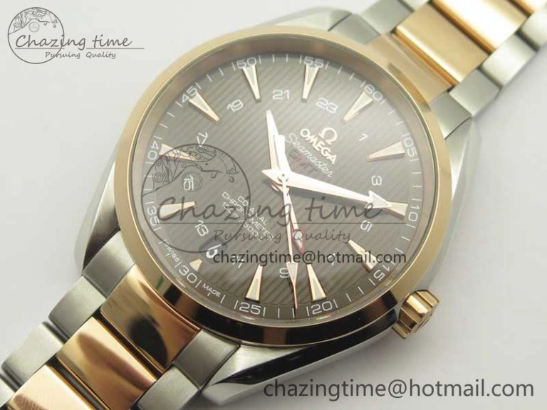 Affordable Aqua Terra 150M GMT SS RG VSF 1:1 Best Edition Brown Textured Dial on SS RG Bracelet A8605 Super Clone 8058