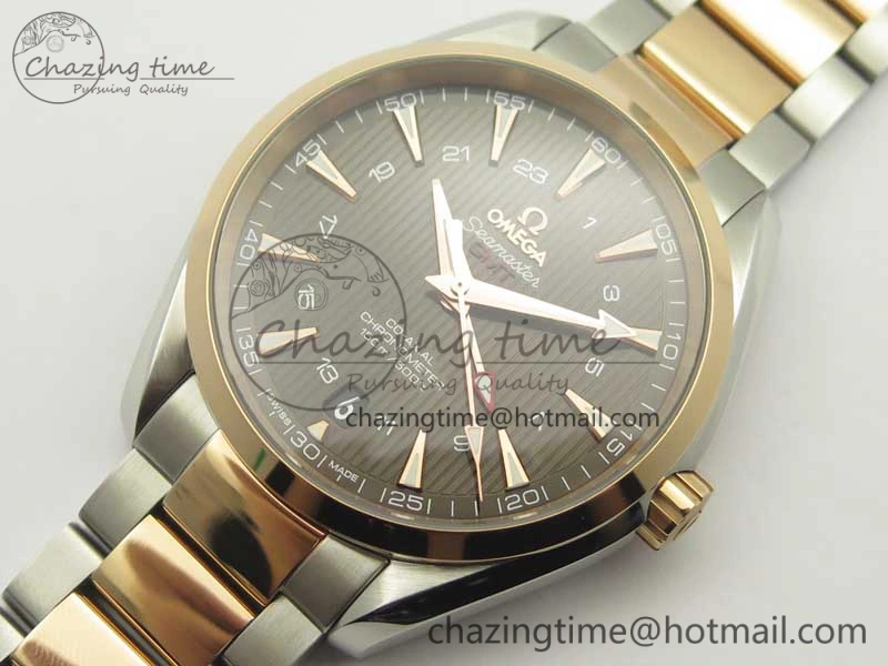 Affordable Aqua Terra 150M GMT SS RG VSF 1:1 Best Edition Brown Textured Dial on SS RG Bracelet A8605 Super Clone 8058