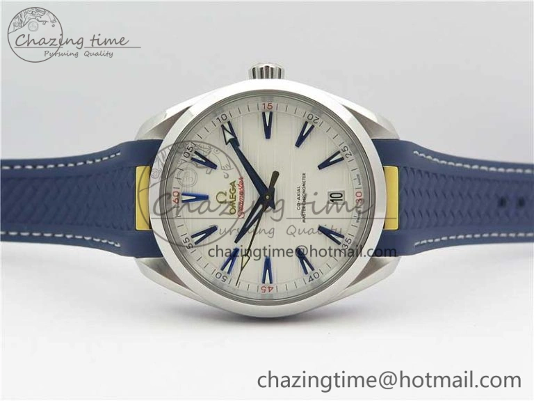 SunProtective Aqua Terra 150M Master Chronometers VSF 1:1 Best Edition White Dial Gold Hand on Blue Rubber Strap A8900 Super Clone 7918