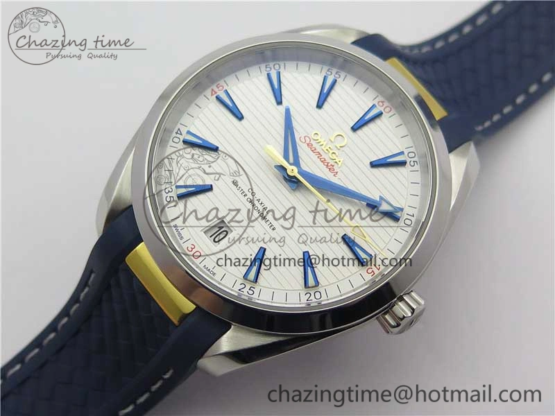 SunProtective Aqua Terra 150M Master Chronometers VSF 1:1 Best Edition White Dial Gold Hand on Blue Rubber Strap A8900 Super Clone 7918