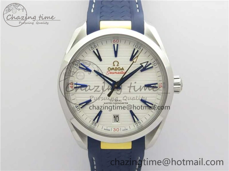SunProtective Aqua Terra 150M Master Chronometers VSF 1:1 Best Edition White Dial Gold Hand on Blue Rubber Strap A8900 Super Clone 7918