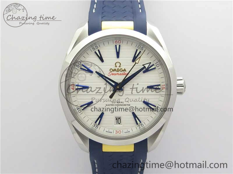 SunProtective Aqua Terra 150M Master Chronometers VSF 1:1 Best Edition White Dial Gold Hand on Blue Rubber Strap A8900 Super Clone 7918