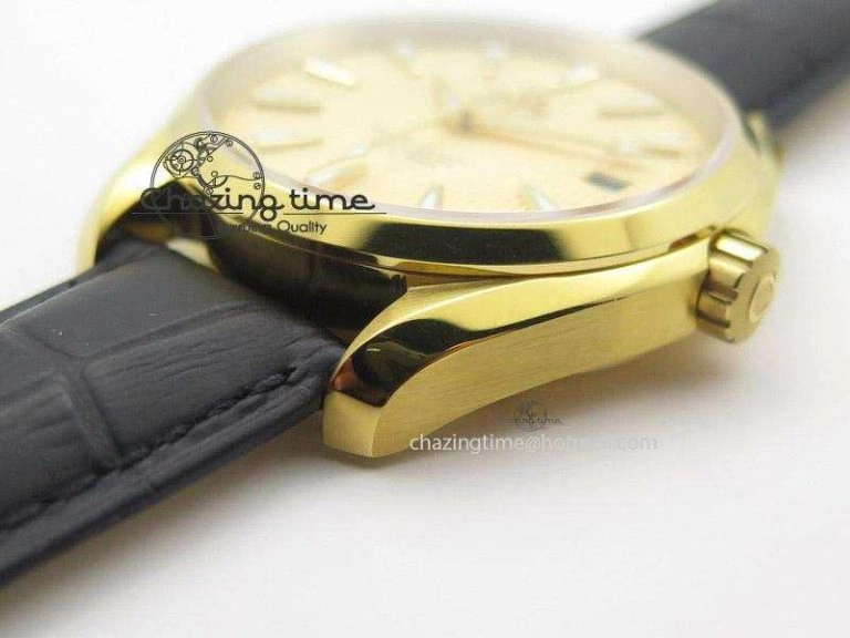 Breathable Aqua Terra 150M YG V6F Best Edition YG Textured Dial On Black Leather Strap A 8275