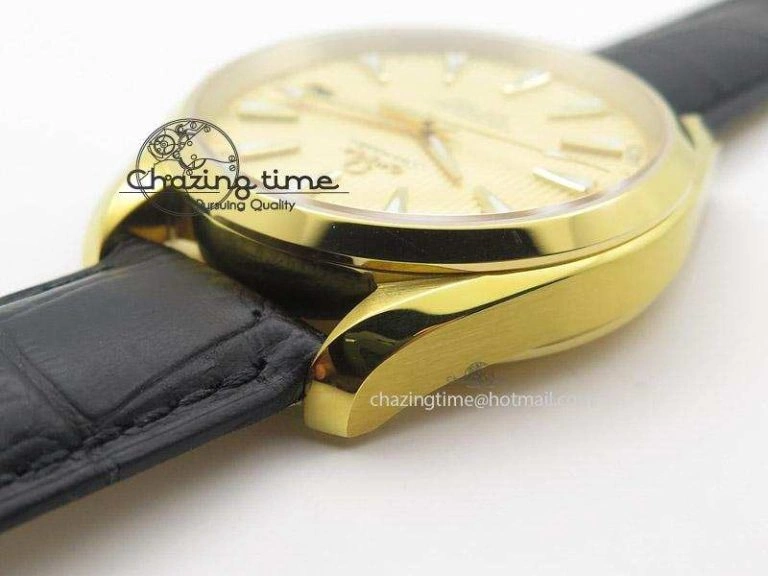 Breathable Aqua Terra 150M YG V6F Best Edition YG Textured Dial On Black Leather Strap A 8275