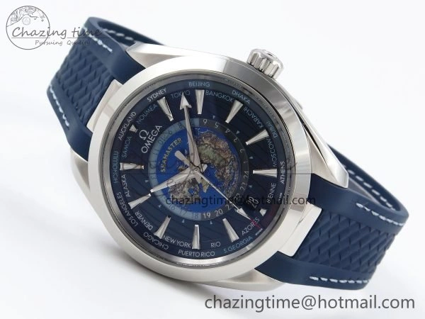 Popular Aqua Terra GMT Worldtimer 43mm VSF 1:1 Best Edition Deep Blue Dial on Blue Rubber Strap A8938 Super Clone 7721