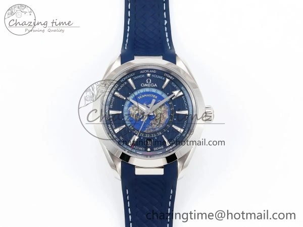 Popular Aqua Terra GMT Worldtimer 43mm VSF 1:1 Best Edition Deep Blue Dial on Blue Rubber Strap A8938 Super Clone 7721