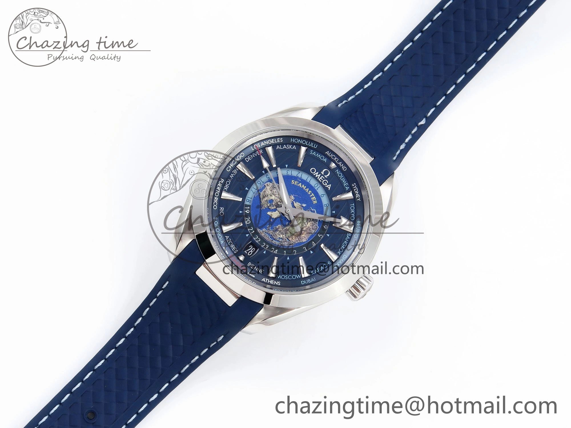 Popular Aqua Terra GMT Worldtimer 43mm VSF 1:1 Best Edition Deep Blue Dial on Blue Rubber Strap A8938 Super Clone 7721