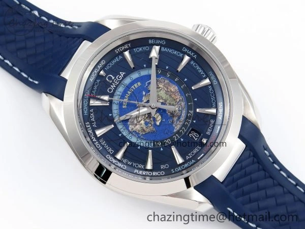 Popular Aqua Terra GMT Worldtimer 43mm VSF 1:1 Best Edition Deep Blue Dial on Blue Rubber Strap A8938 Super Clone 7721