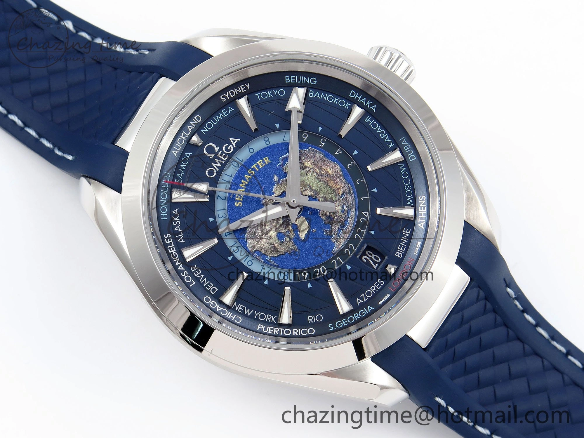 Popular Aqua Terra GMT Worldtimer 43mm VSF 1:1 Best Edition Deep Blue Dial on Blue Rubber Strap A8938 Super Clone 7721