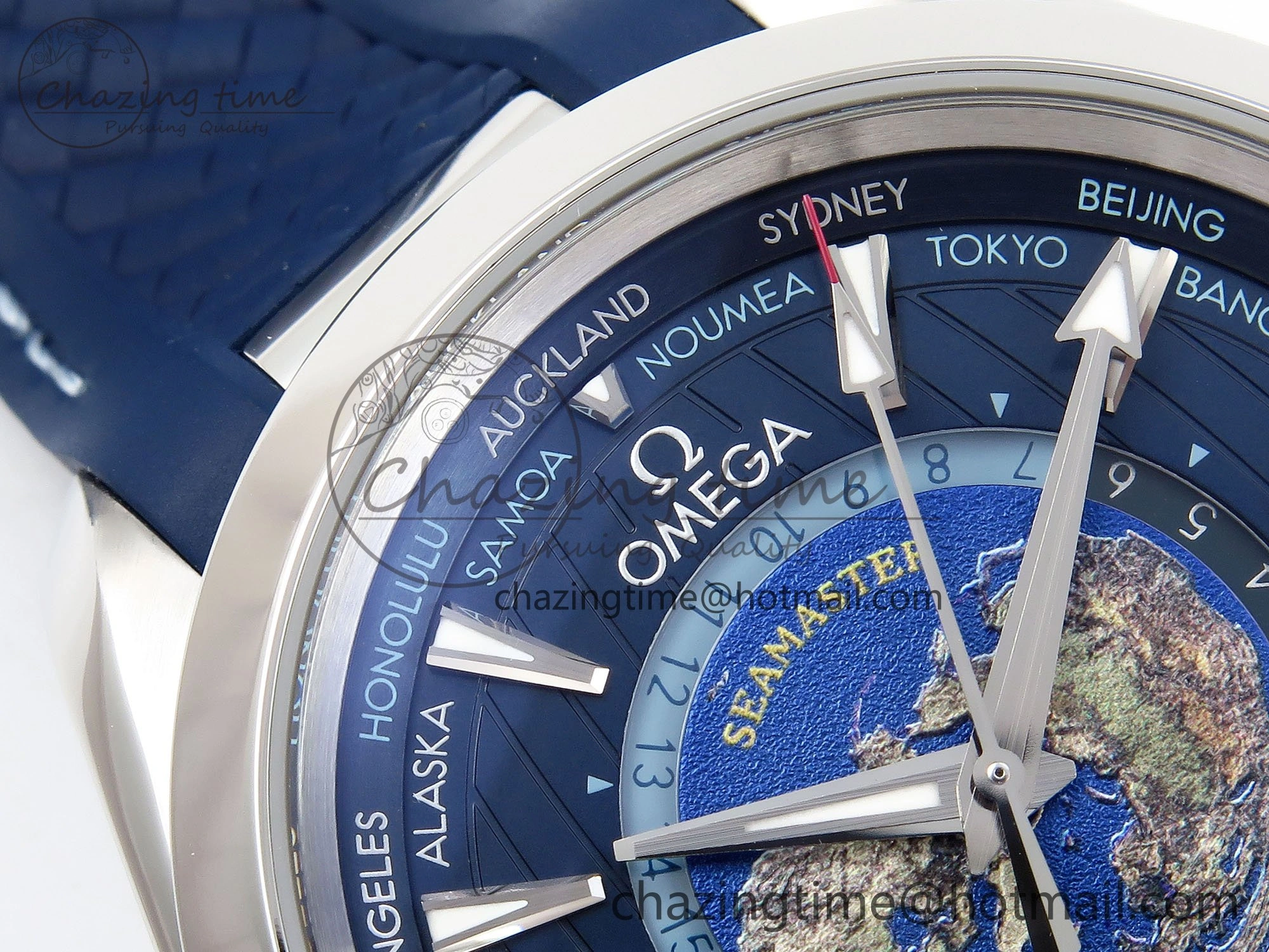 Popular Aqua Terra GMT Worldtimer 43mm VSF 1:1 Best Edition Deep Blue Dial on Blue Rubber Strap A8938 Super Clone 7721