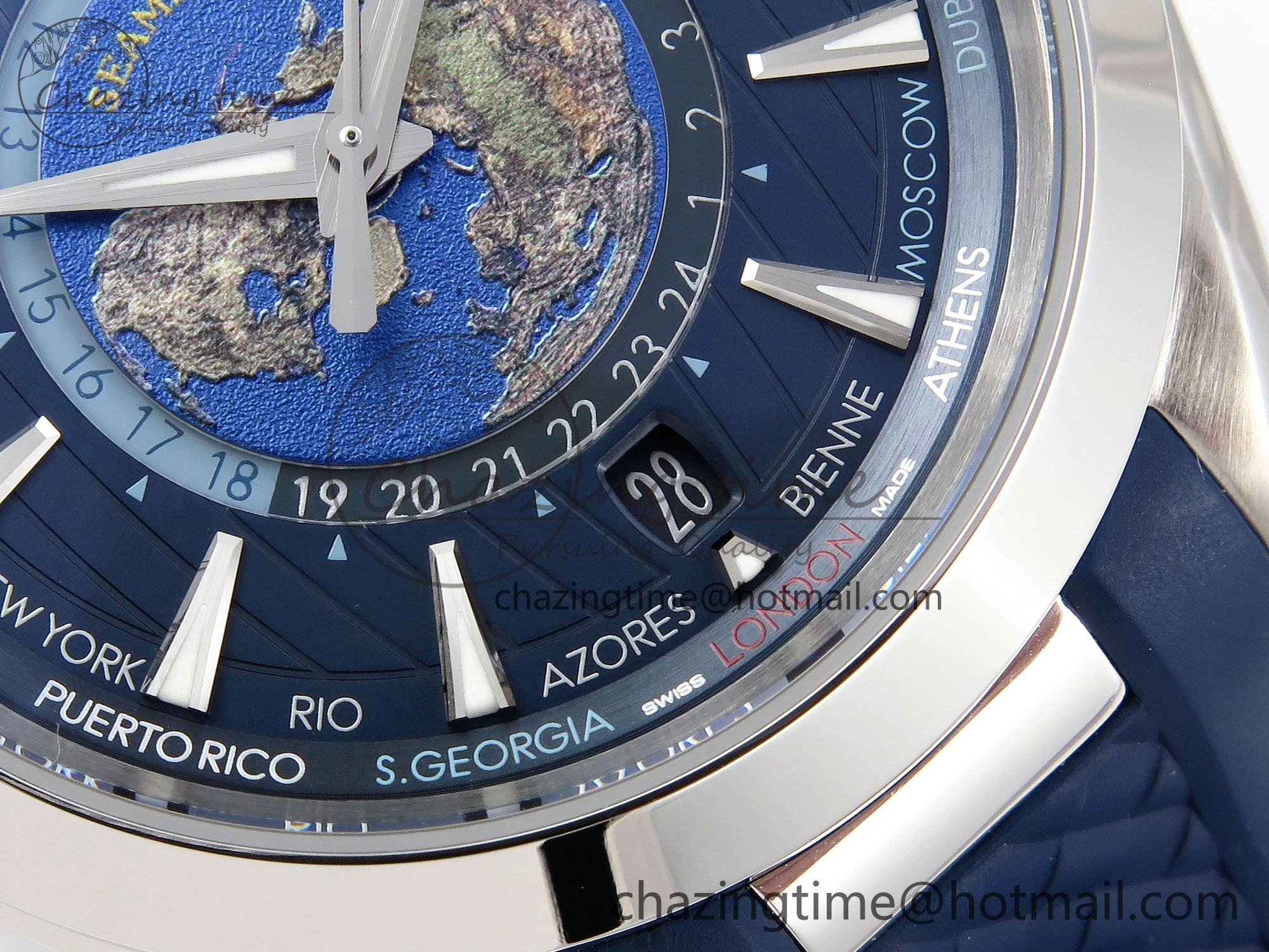 Popular Aqua Terra GMT Worldtimer 43mm VSF 1:1 Best Edition Deep Blue Dial on Blue Rubber Strap A8938 Super Clone 7721