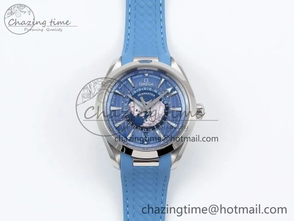 Aqua Terra GMT Worldtimer 43mm VSF 1:1 Best Edition Summer Blue Dial on Blue Rubber Strap A8938 Super Clone Comfortable 7722