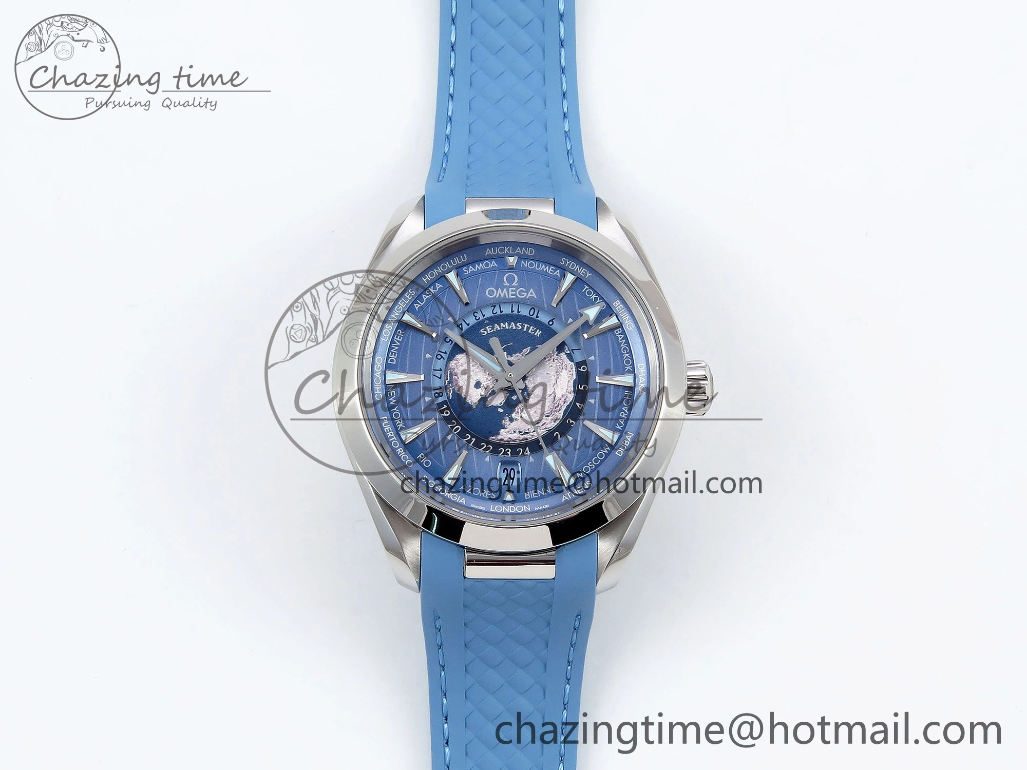 Aqua Terra GMT Worldtimer 43mm VSF 1:1 Best Edition Summer Blue Dial on Blue Rubber Strap A8938 Super Clone Comfortable 7722