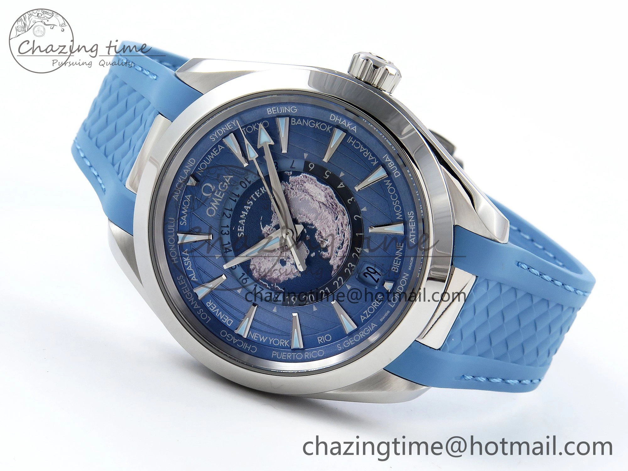 Aqua Terra GMT Worldtimer 43mm VSF 1:1 Best Edition Summer Blue Dial on Blue Rubber Strap A8938 Super Clone Comfortable 7722