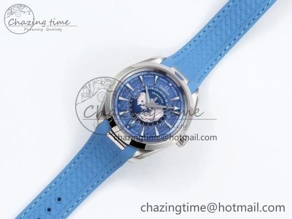 Aqua Terra GMT Worldtimer 43mm VSF 1:1 Best Edition Summer Blue Dial on Blue Rubber Strap A8938 Super Clone Comfortable 7722