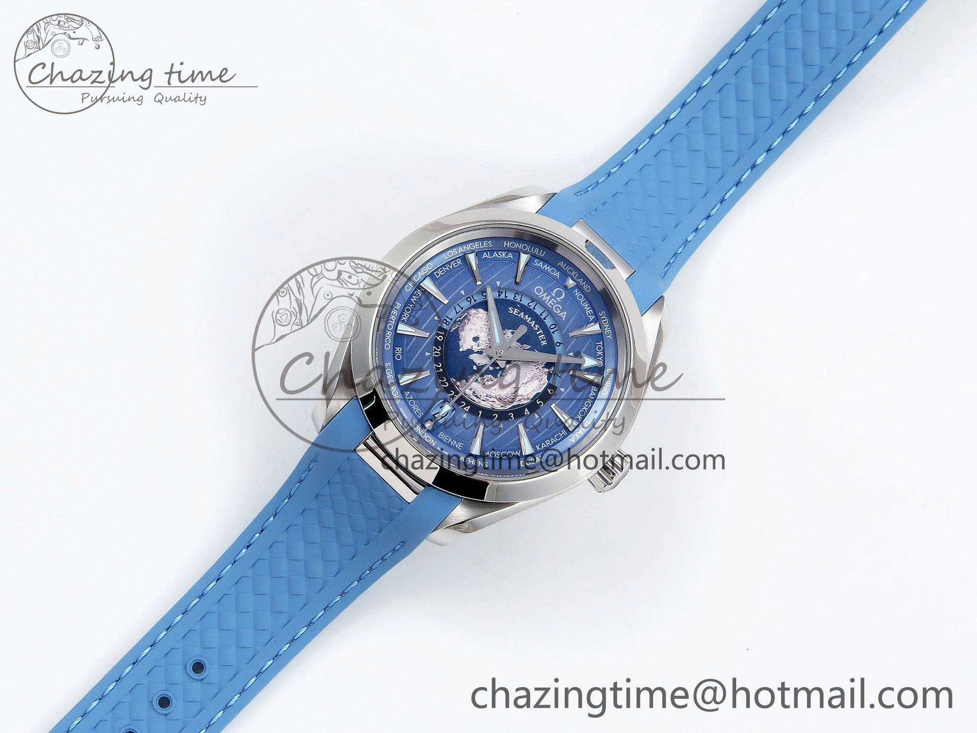 Aqua Terra GMT Worldtimer 43mm VSF 1:1 Best Edition Summer Blue Dial on Blue Rubber Strap A8938 Super Clone Comfortable 7722