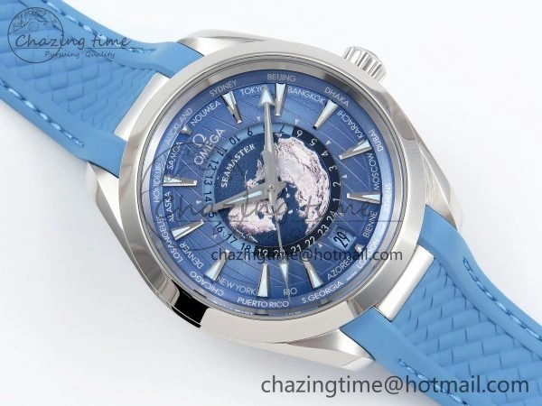 Aqua Terra GMT Worldtimer 43mm VSF 1:1 Best Edition Summer Blue Dial on Blue Rubber Strap A8938 Super Clone Comfortable 7722