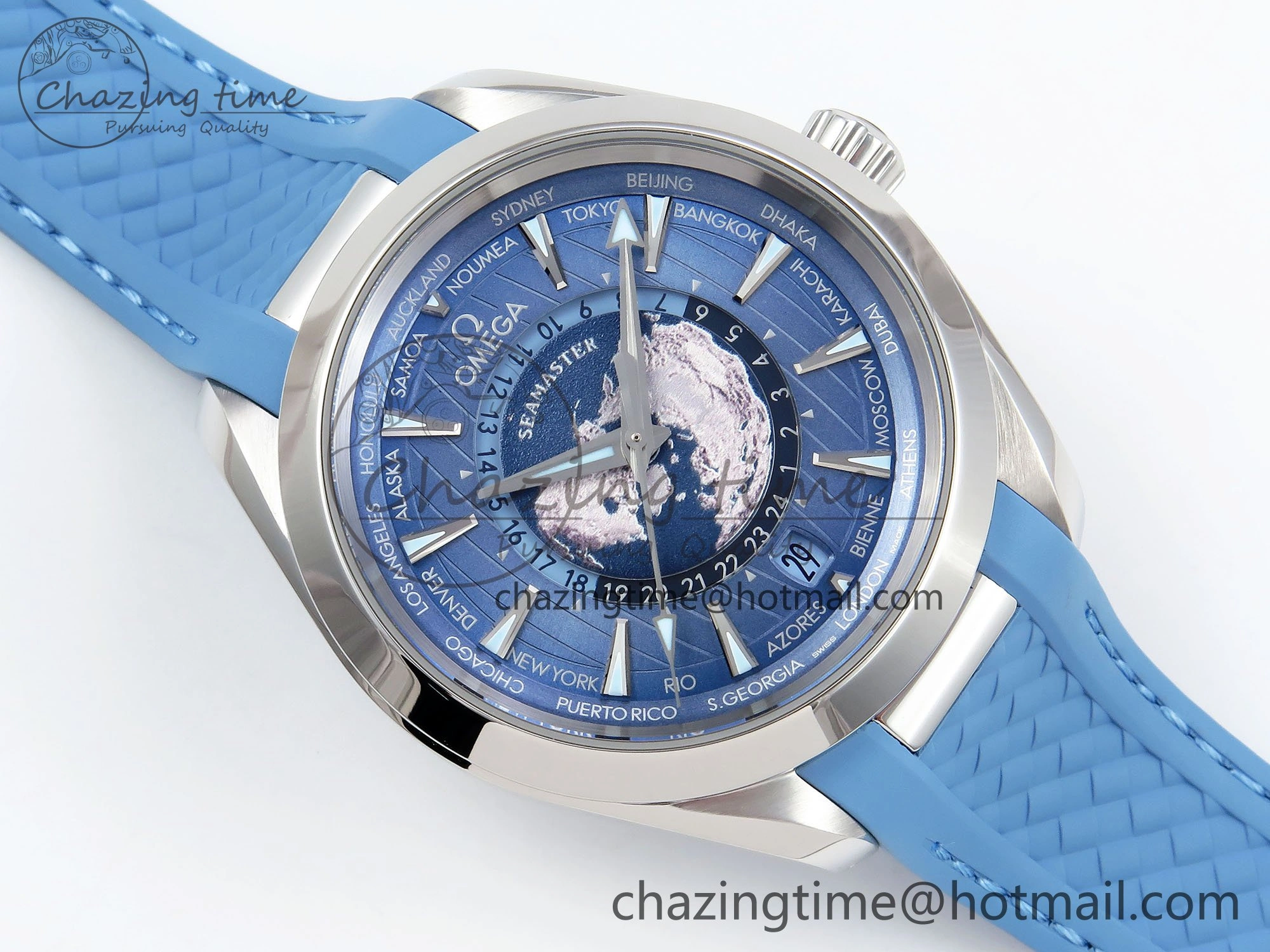 Aqua Terra GMT Worldtimer 43mm VSF 1:1 Best Edition Summer Blue Dial on Blue Rubber Strap A8938 Super Clone Comfortable 7722