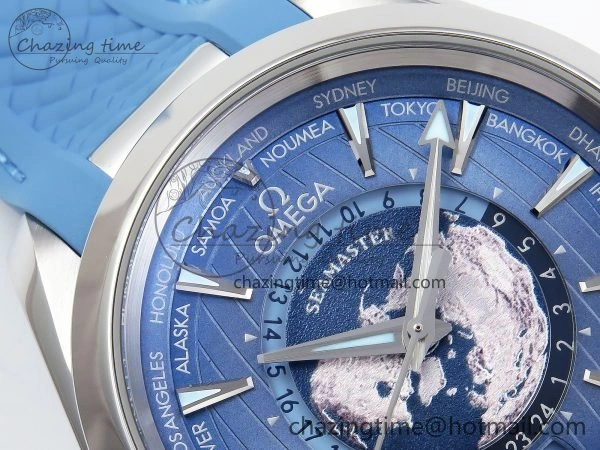 Aqua Terra GMT Worldtimer 43mm VSF 1:1 Best Edition Summer Blue Dial on Blue Rubber Strap A8938 Super Clone Comfortable 7722