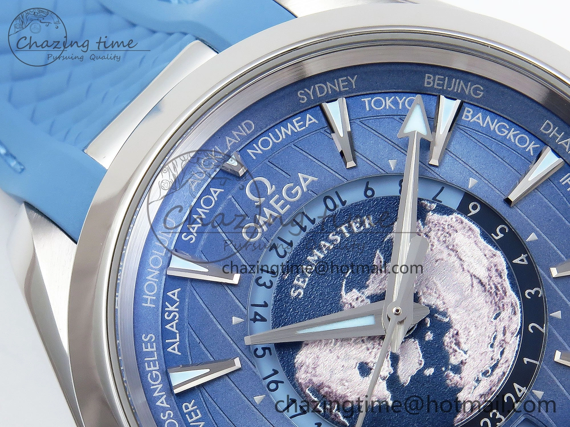 Aqua Terra GMT Worldtimer 43mm VSF 1:1 Best Edition Summer Blue Dial on Blue Rubber Strap A8938 Super Clone Comfortable 7722