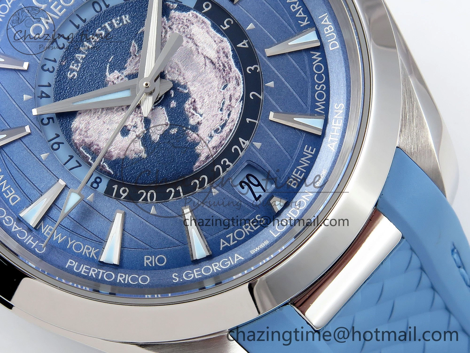 Aqua Terra GMT Worldtimer 43mm VSF 1:1 Best Edition Summer Blue Dial on Blue Rubber Strap A8938 Super Clone Comfortable 7722