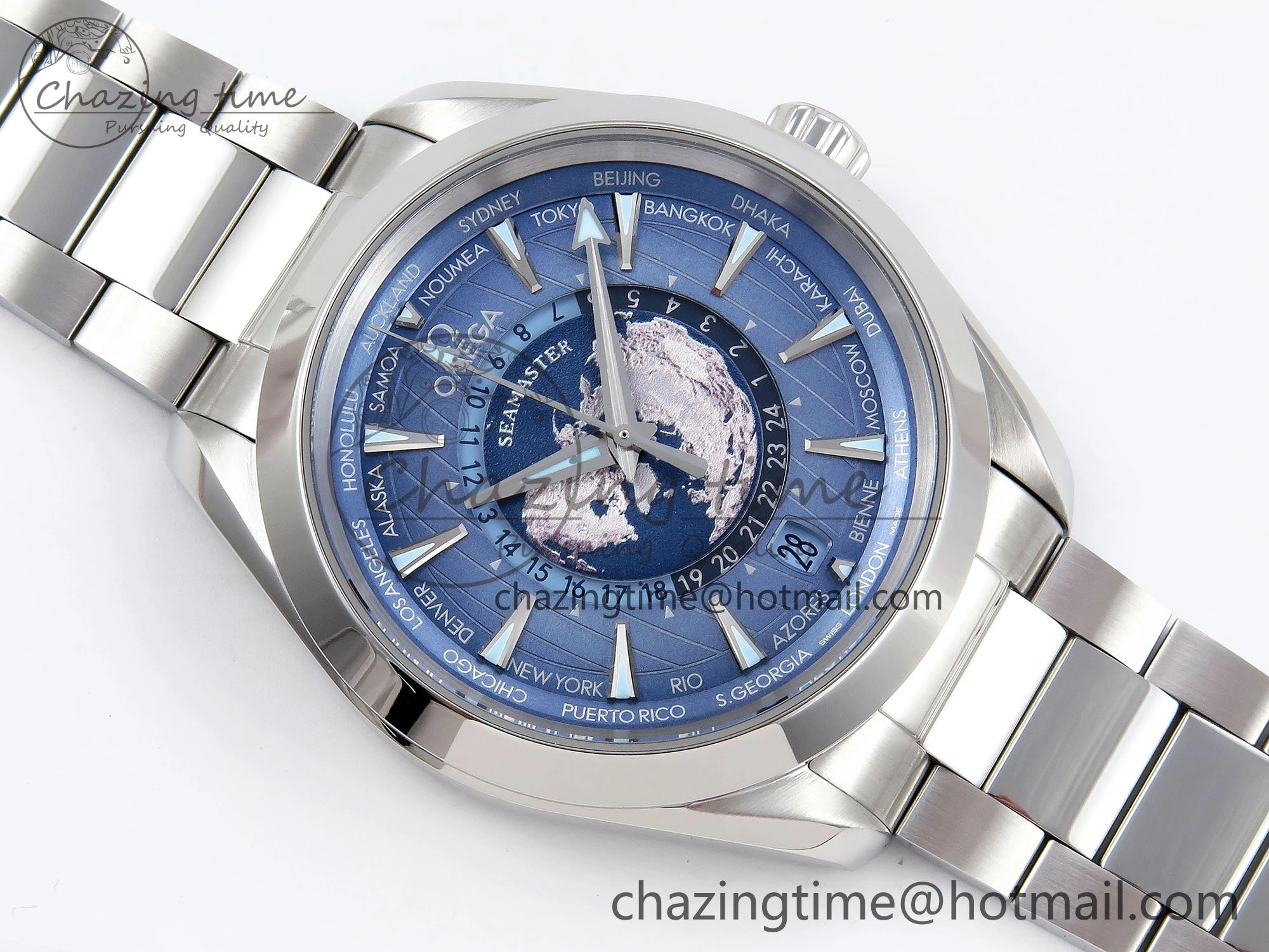 Soft Aqua Terra GMT Worldtimer 43mm VSF 1:1 Best Edition Summer Blue Dial on SS Bracelet A8938 Super Clone 7720