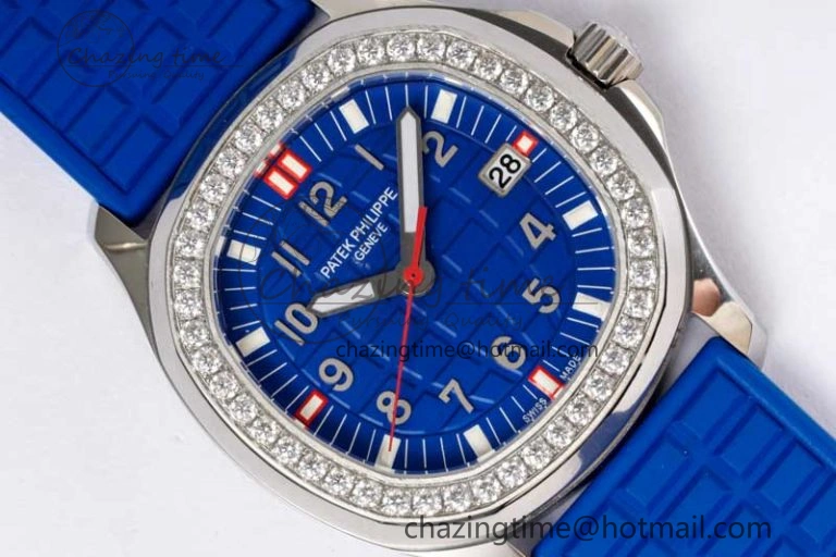 Original Aquanaut 5067A SS PPF 1:1 Best Edition Blue Textured Dial Red Hand on Blue Rubber Strap RONDA Quartz 8831
