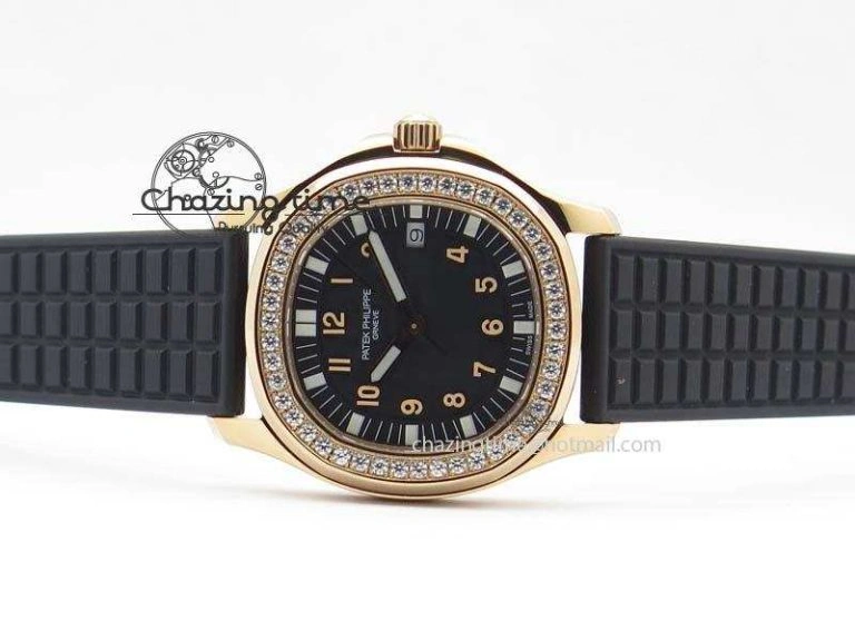 Contemporary Aquanaut RG 35mm Best Edition Black Dial Diamond Bezel On Black Rubber Strap Ronda Quartz 9072