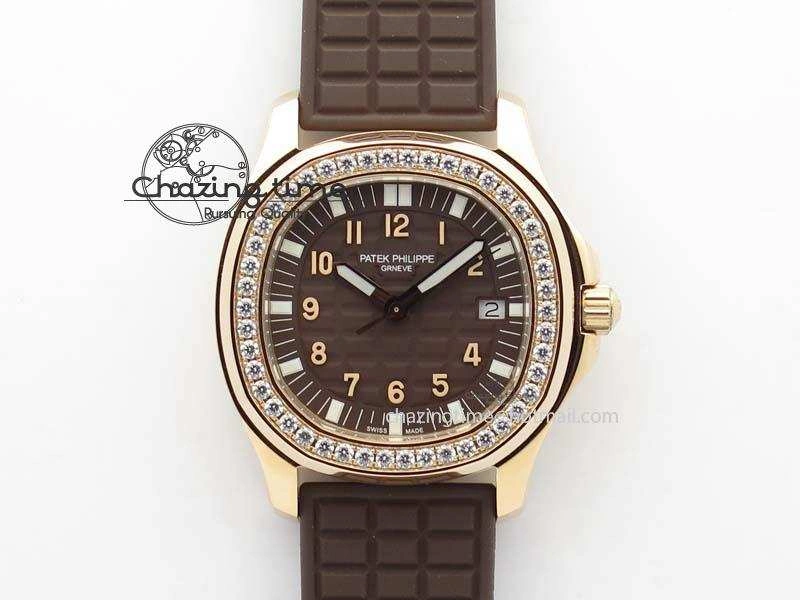 Bold Aquanaut RG 35mm Best Edition Brown Dial Diamond Bezel On Brown Rubber Strap Ronda Quartz 9073