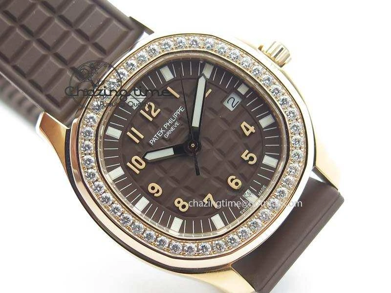 Bold Aquanaut RG 35mm Best Edition Brown Dial Diamond Bezel On Brown Rubber Strap Ronda Quartz 9073