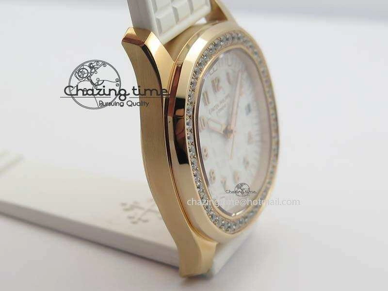 Seasonal Aquanaut RG 35mm Best Edition White Dial Diamond Bezel On White Rubber Strap Ronda Quartz 9074