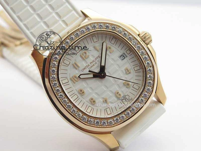 Seasonal Aquanaut RG 35mm Best Edition White Dial Diamond Bezel On White Rubber Strap Ronda Quartz 9074