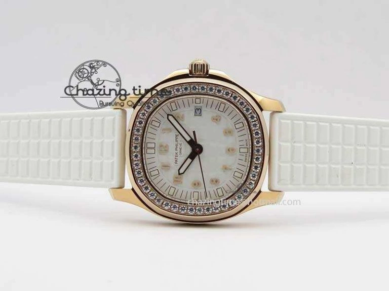 Seasonal Aquanaut RG 35mm Best Edition White Dial Diamond Bezel On White Rubber Strap Ronda Quartz 9074