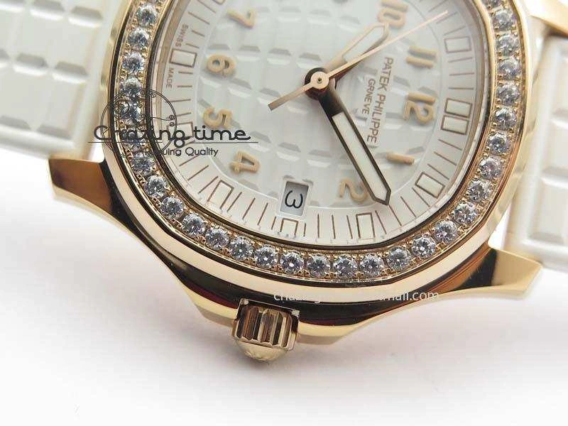Seasonal Aquanaut RG 35mm Best Edition White Dial Diamond Bezel On White Rubber Strap Ronda Quartz 9074
