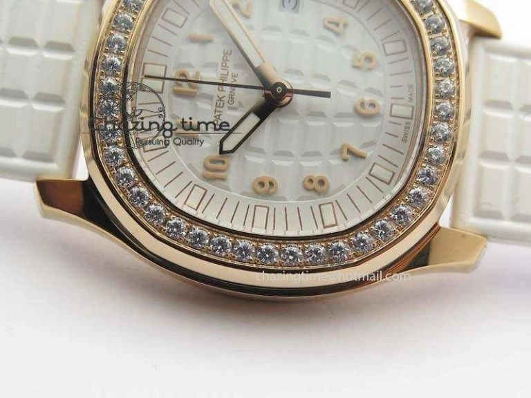 Seasonal Aquanaut RG 35mm Best Edition White Dial Diamond Bezel On White Rubber Strap Ronda Quartz 9074